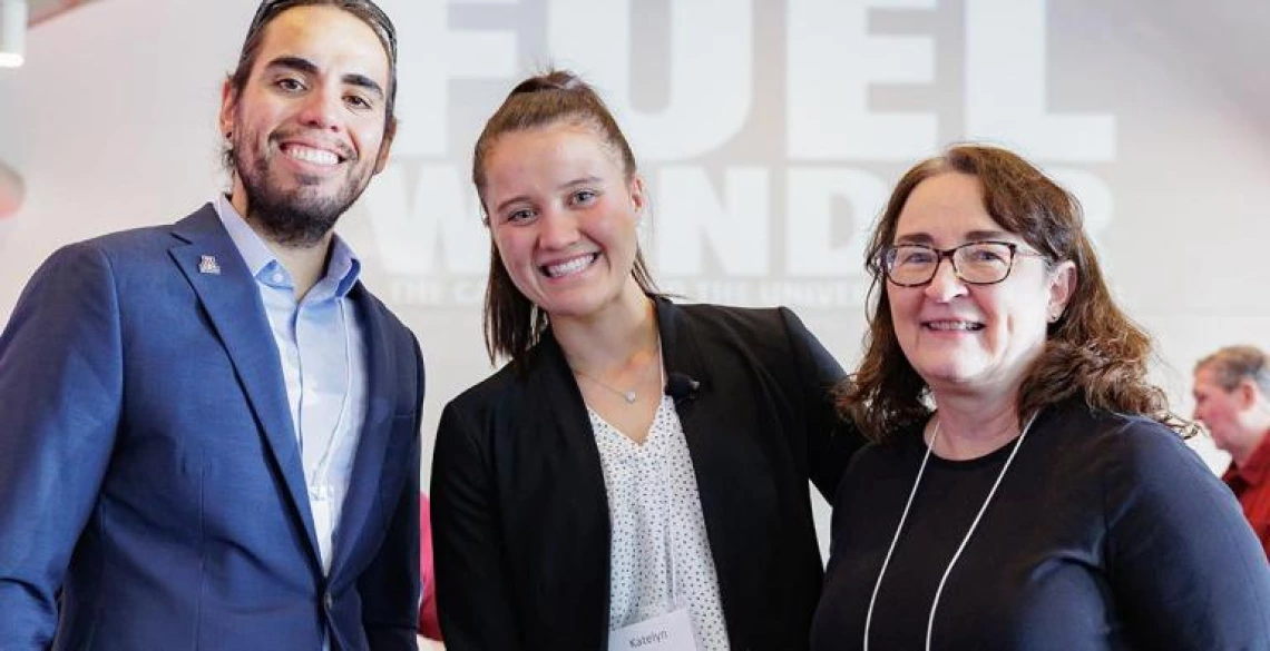 Engineering alumni Christopher Stemple, mechanical engineering student Katelyn Rees and Marla Peterson at the college’s Fuel Wonder launch event.