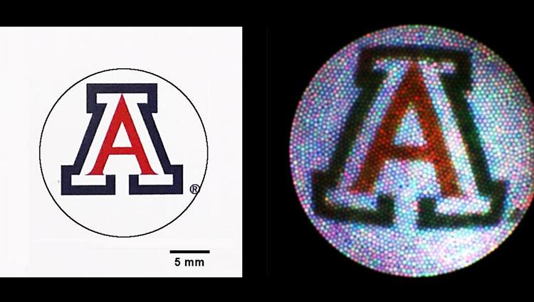Graphic representation of falloposcope image resolution, with a small version of the UA logo shown in clear detail
