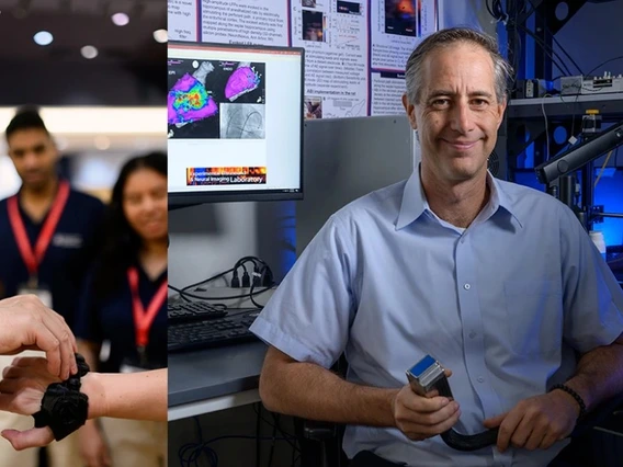 On the left, a man examines a medical device. On the right, a man in a light blue shirt smiles.