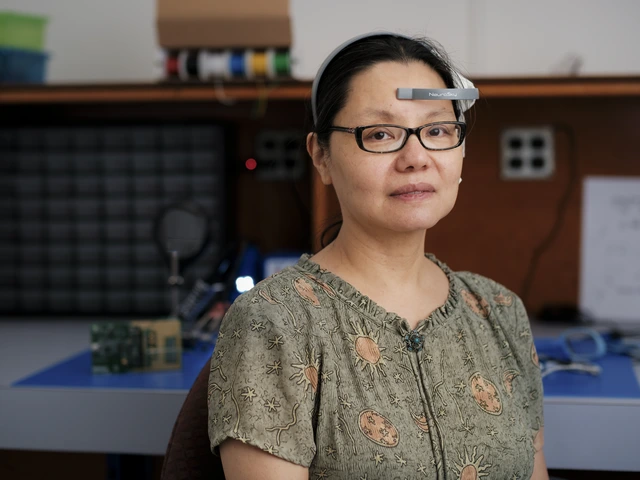 A woman with dark hair wears tech on her forehead.