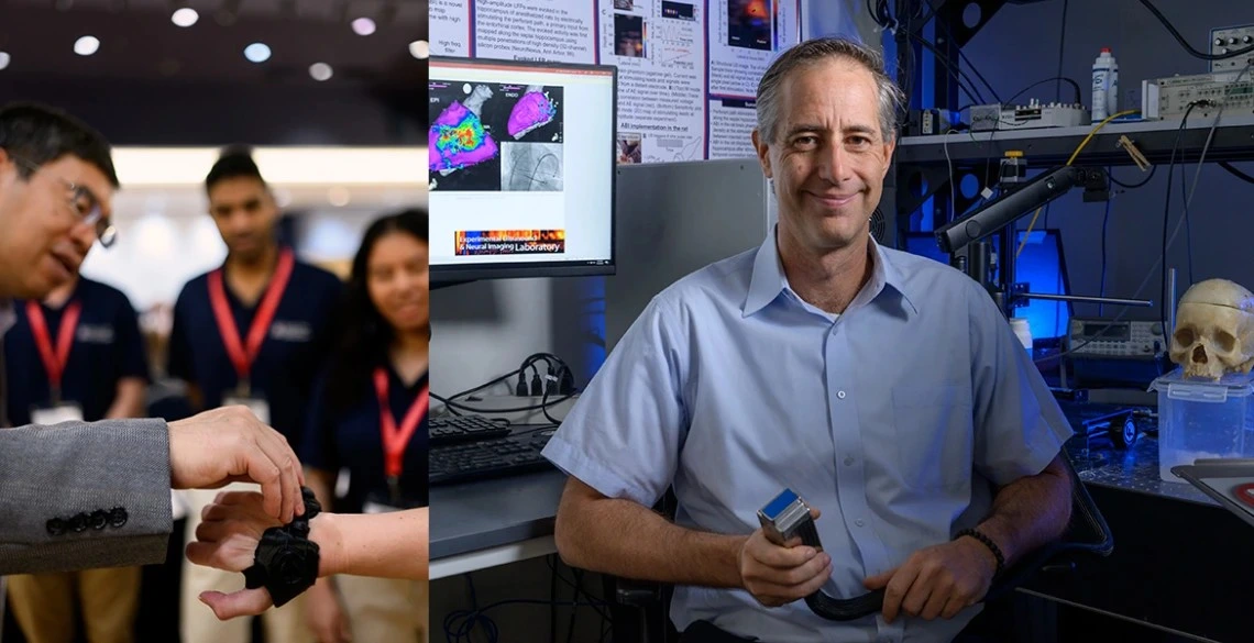 On the left, a man examines a medical device. On the right, a man in a light blue shirt smiles.